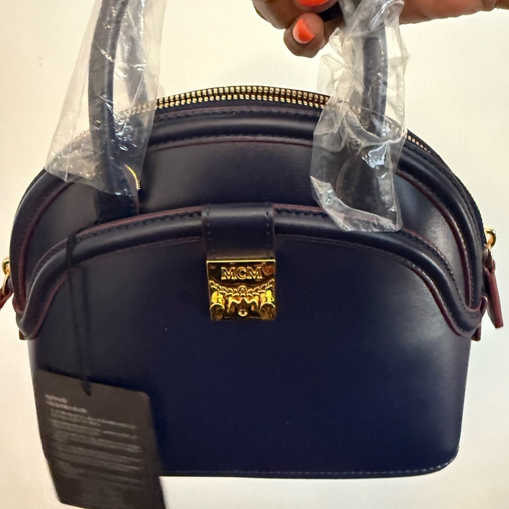 MCM Navy Blue Crossbody Dome Satchel with Gold Hardware - Picture 3 of 7